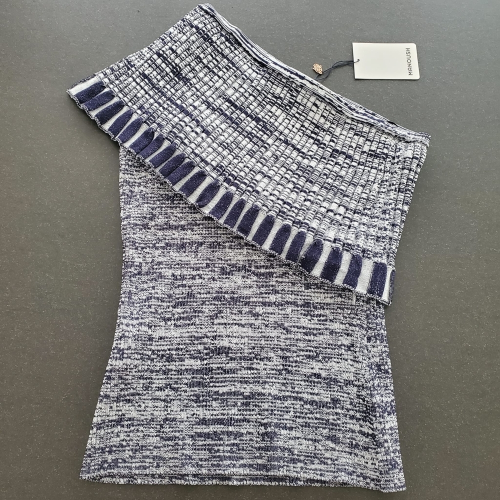 nwt Manoush (French Label) Stretchy One Shoulder Blue/White Knit Top